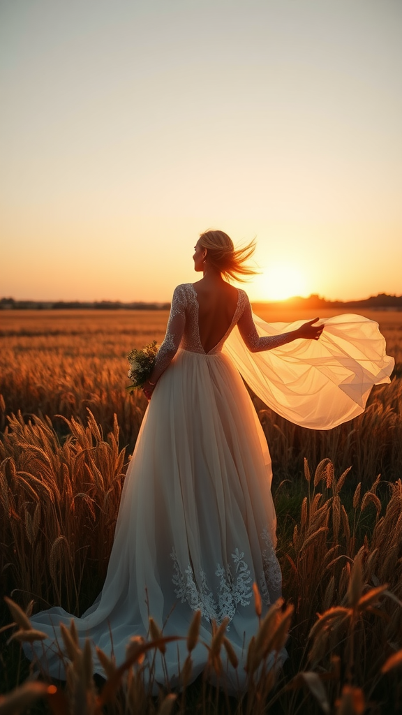 Bride in a flowing A-line wedding dress standing in a wheat field during sunset