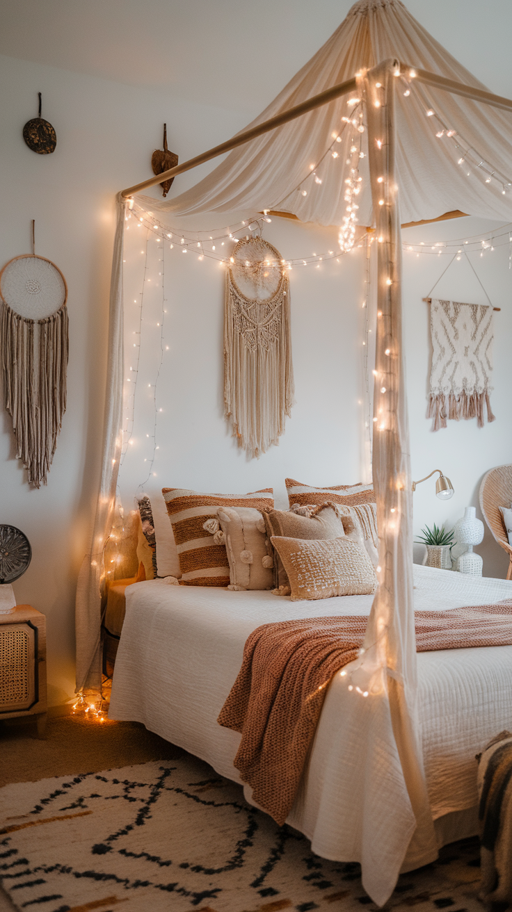 A cozy bedroom featuring a canopy bed adorned with fairy lights, decorative pillows, and warm tones.