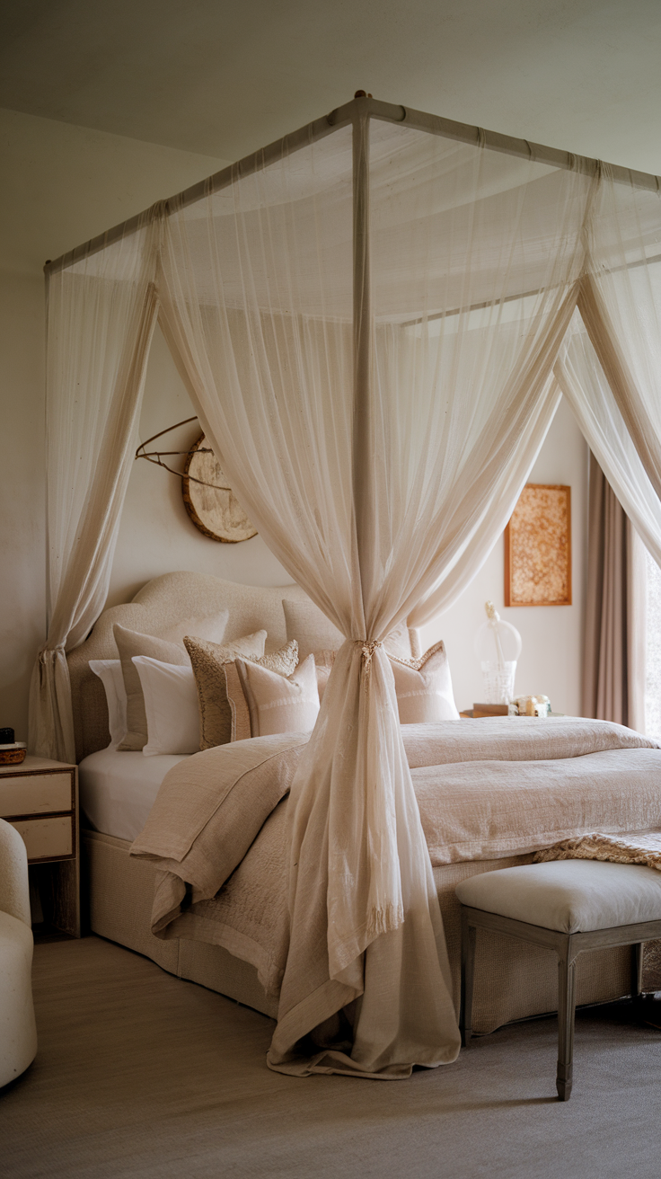 A cozy bedroom featuring a dreamy canopy bed with soft drapes and neutral tones.