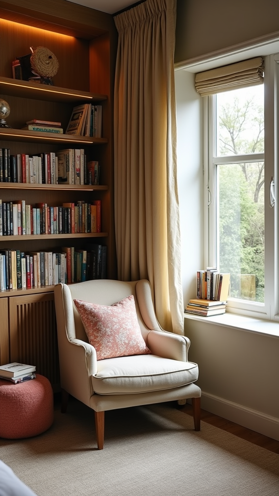 Cozy reading nook with armchair, bookshelves, and window.