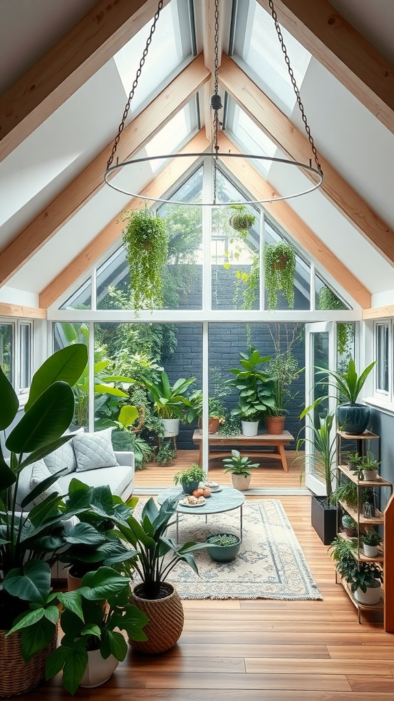 Indoor garden with a variety of plants, bright sunlight, and cozy seating.