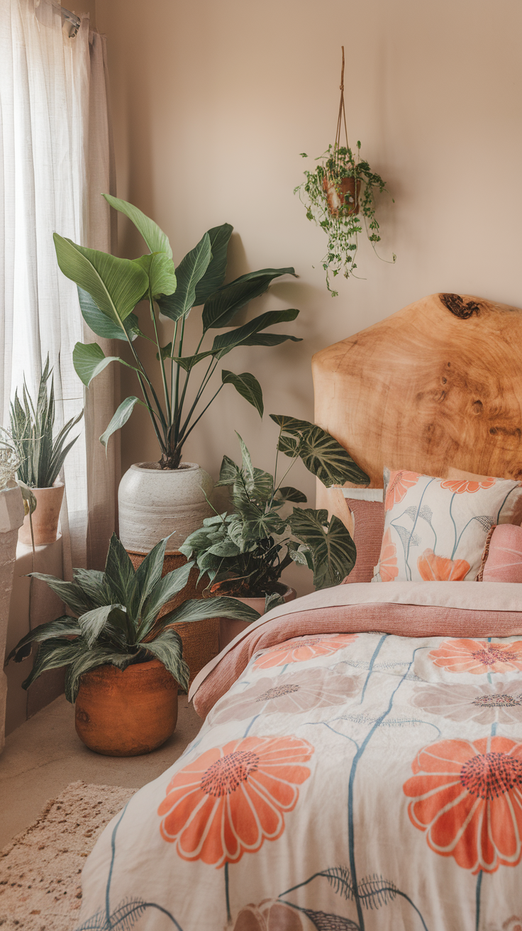 Cozy bedroom with floral bed cover, wooden headboard, and indoor plants