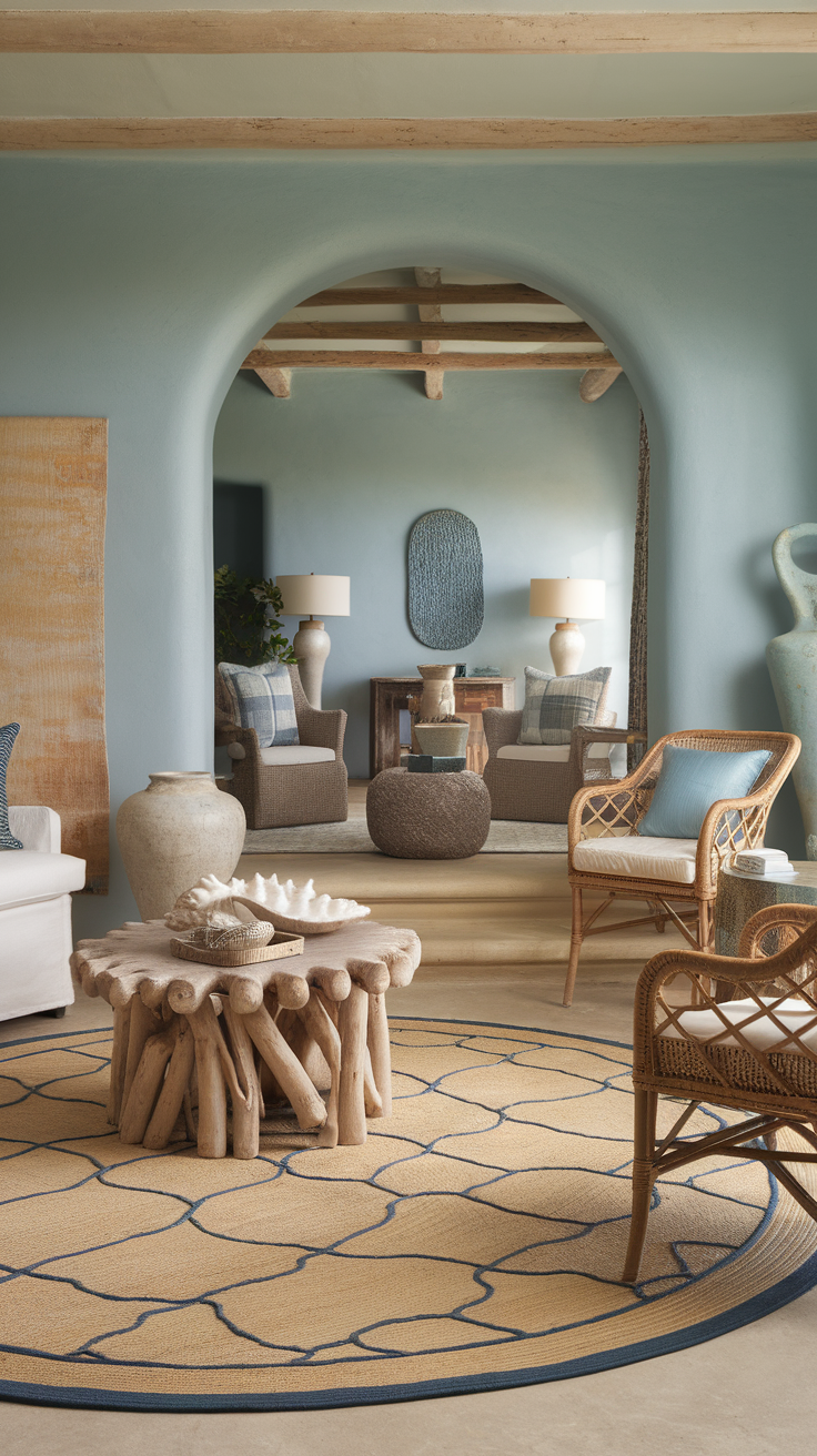 A stylish living room featuring blue walls, natural wood accents, and cozy furniture.
