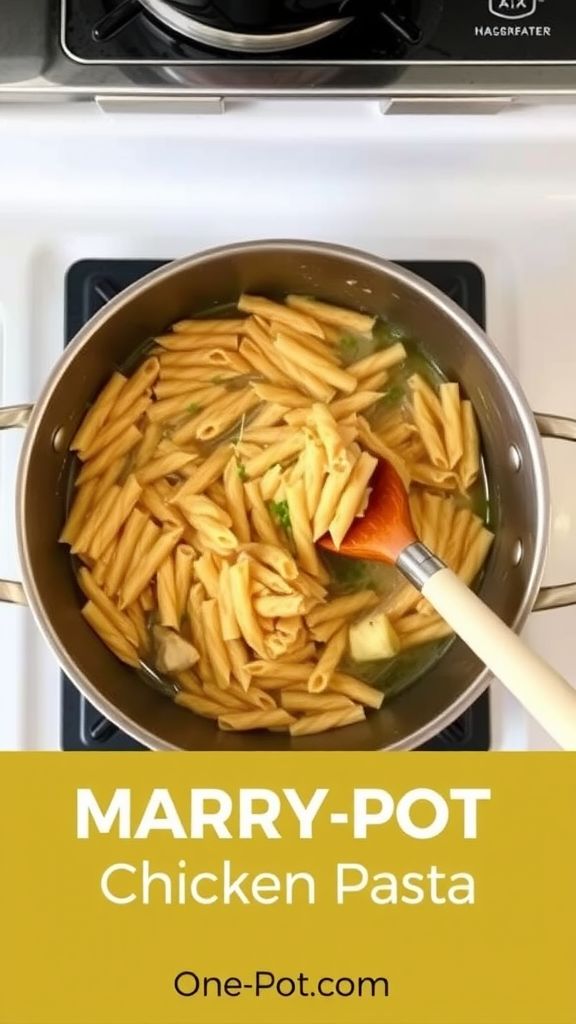 A pot of Marry-Pot Chicken Pasta cooking on the stove.