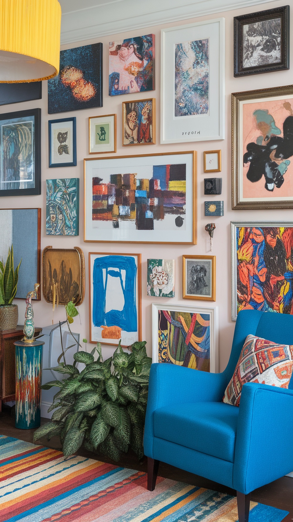 A colorful eclectic art gallery wall with various framed artworks, a blue chair, and a green plant.
