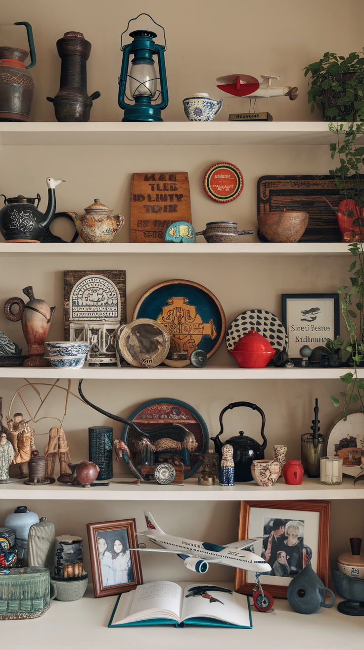 Shelves displaying a variety of eclectic collectibles including pottery, teapots, and vintage items.