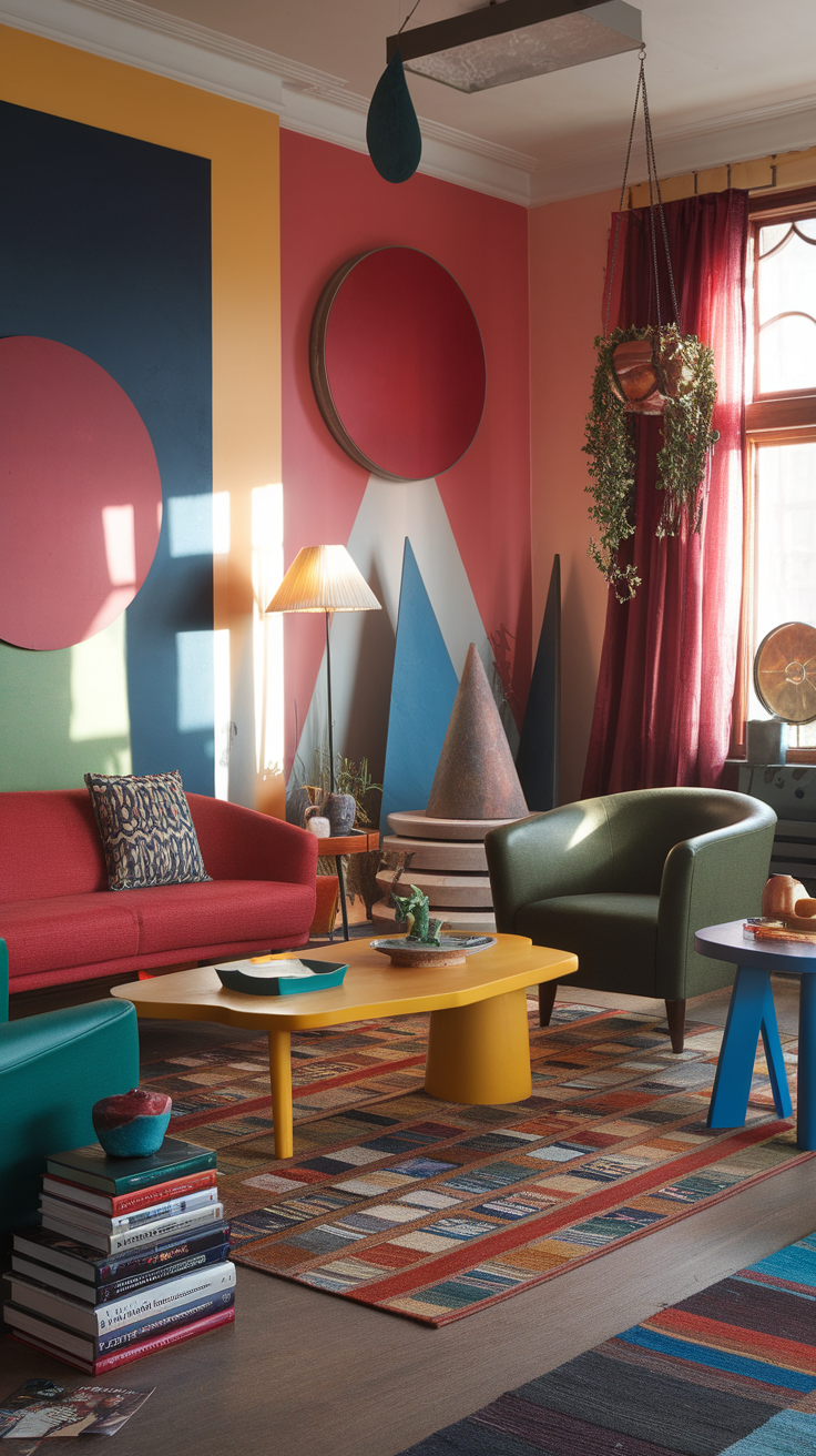 A vibrant living room featuring colorful walls, a red sofa, green armchair, and unique geometric decor.