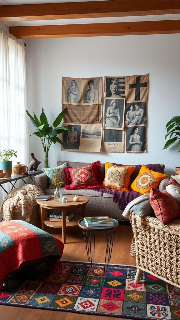 Cozy living room with layered textiles, colorful cushions, and a vibrant rug