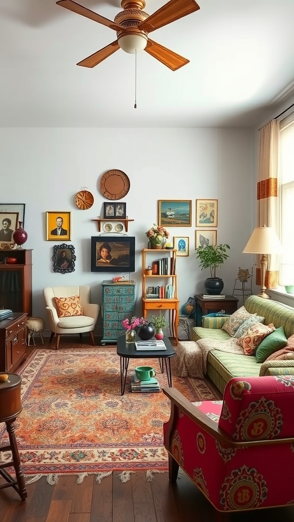 A cozy living room with vintage decor, a colorful rug, and eclectic furniture.