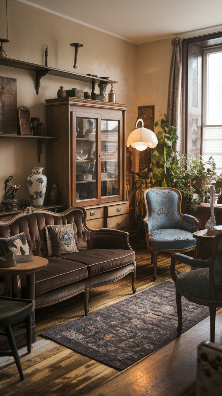 An eclectic vintage style living room featuring a brown couch, blue chairs, and various decorative items.