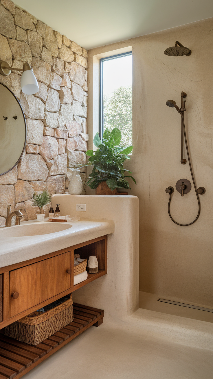 Eco-friendly bathroom with natural materials and greenery