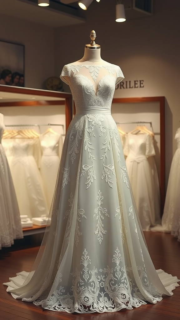 A-line wedding dress with lace detailing and shoulder sleeves displayed on a mannequin