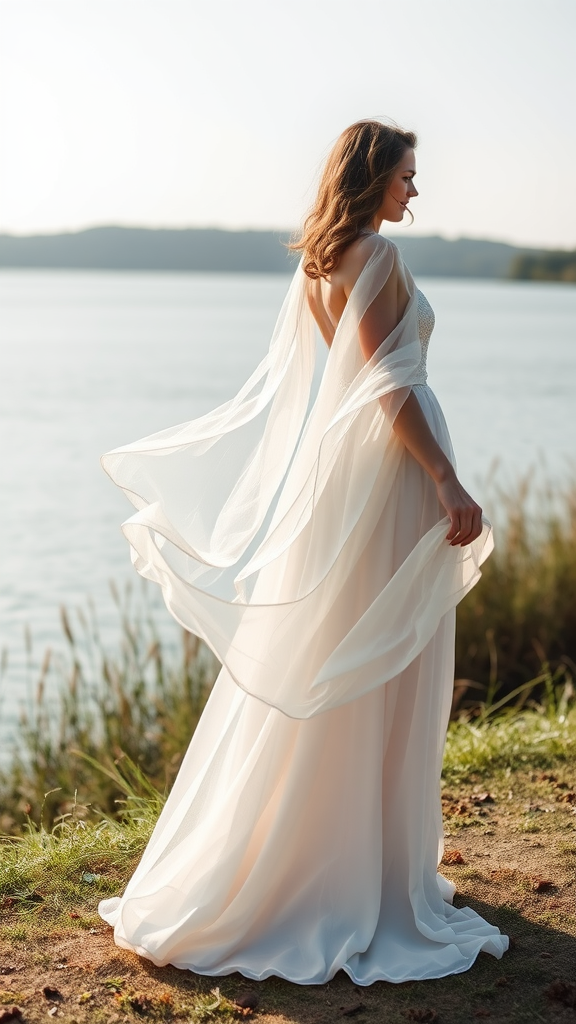 Bride in a flowing chiffon dress by the water, showcasing elegant draping.