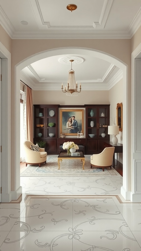 A luxurious entryway featuring elegant seating, a chandelier, and tasteful decor.