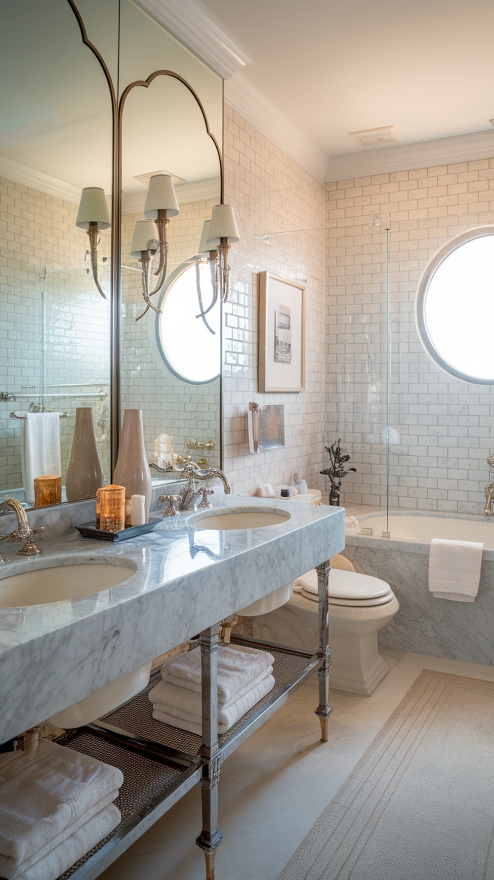 A stylish bathroom featuring a marble countertop, double sinks, and elegant decor