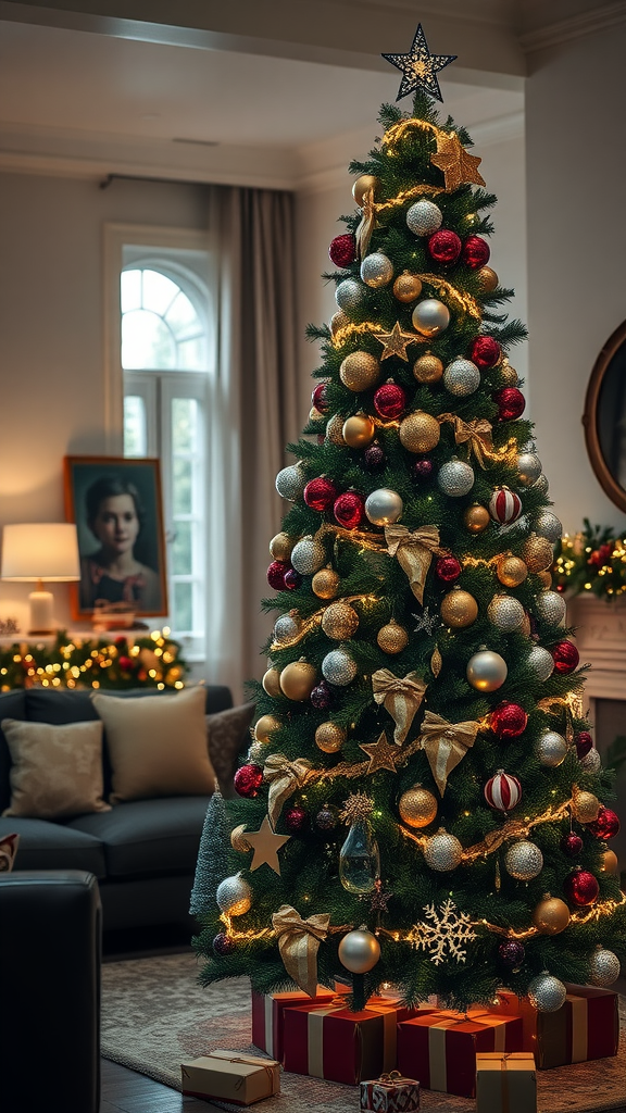 A beautifully decorated Christmas tree with red, gold, and silver ornaments, topped with a star, surrounded by gifts.