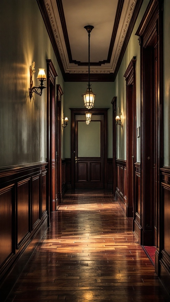 Victorian hallway showcasing dark wood wainscoting with elegant lighting fixtures