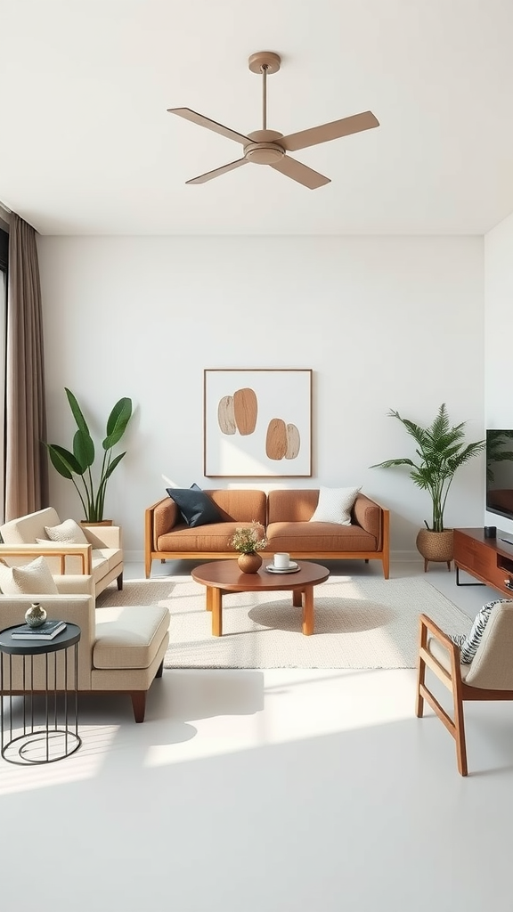 A minimalist living room featuring a warm-toned sofa, neutral armchairs, and plants, creating a clean and open feel.