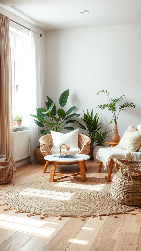 A cozy living room with natural textures including woven baskets, a braided rug, and green plants
