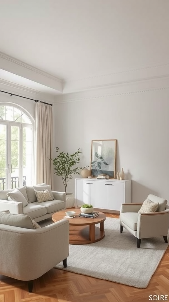 Cozy living room with neutral colors, featuring a beige couch, round wooden coffee table, and plant.