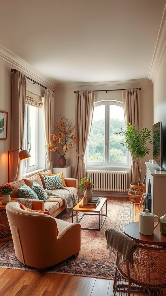 Cozy living room with soft beige walls, a warm couch, plants, and a bright window