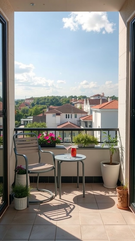 A small balcony with two chairs and a table, overlooking a scenic view with colorful flowers in pots.