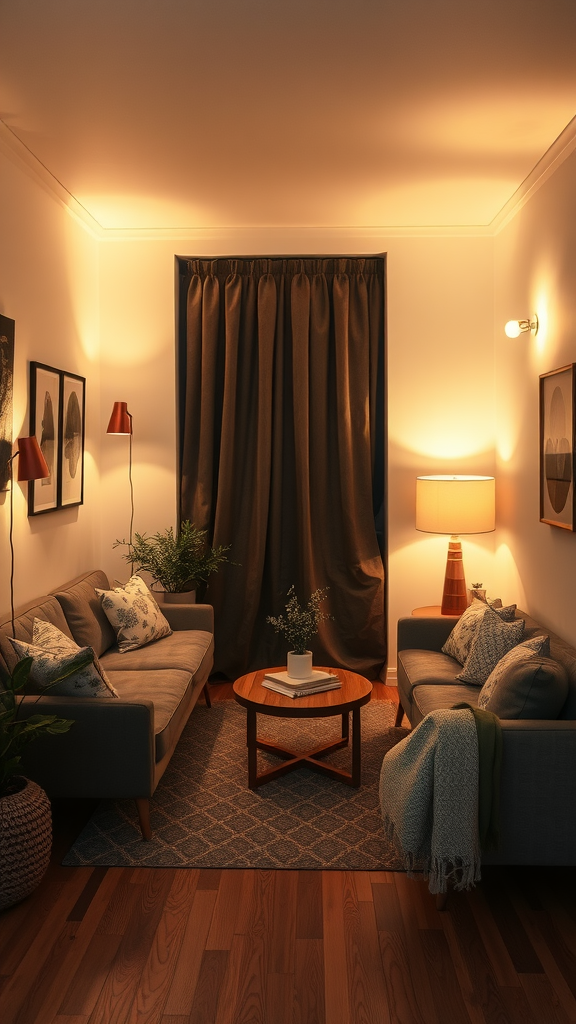 Cozy living room with soft lighting, featuring two couches, a coffee table, and plants.