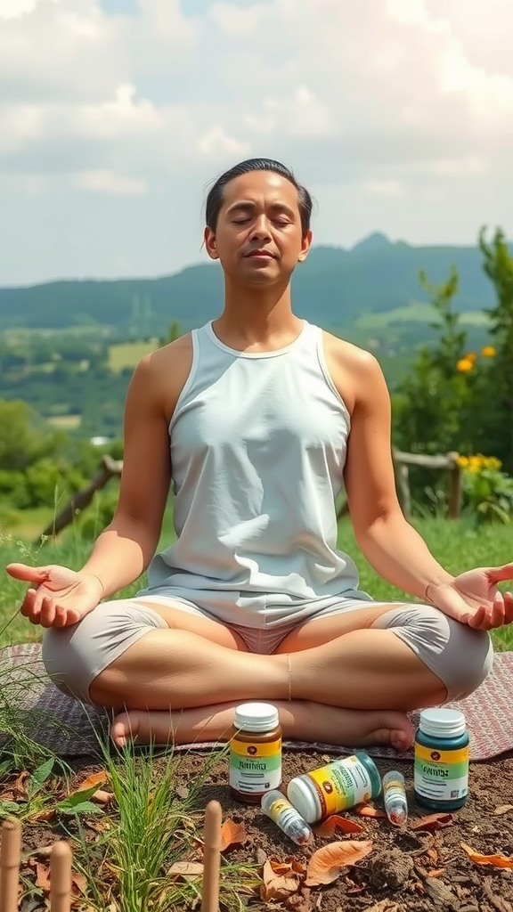 Person meditating in nature with vitamin supplements nearby