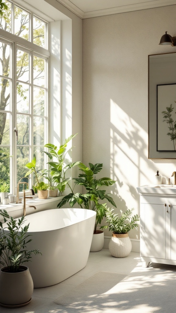 A bright and airy bathroom featuring a freestanding tub, abundant natural light, and various plants.