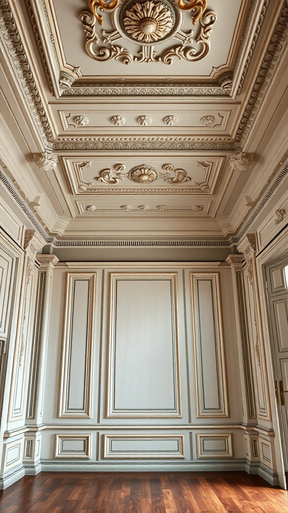 Intricate decorative moldings on walls and ceiling in an elegant room