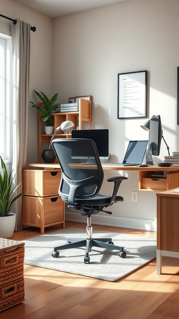 A stylish home office with ergonomic furniture, featuring a desk, comfortable chair, and plants.