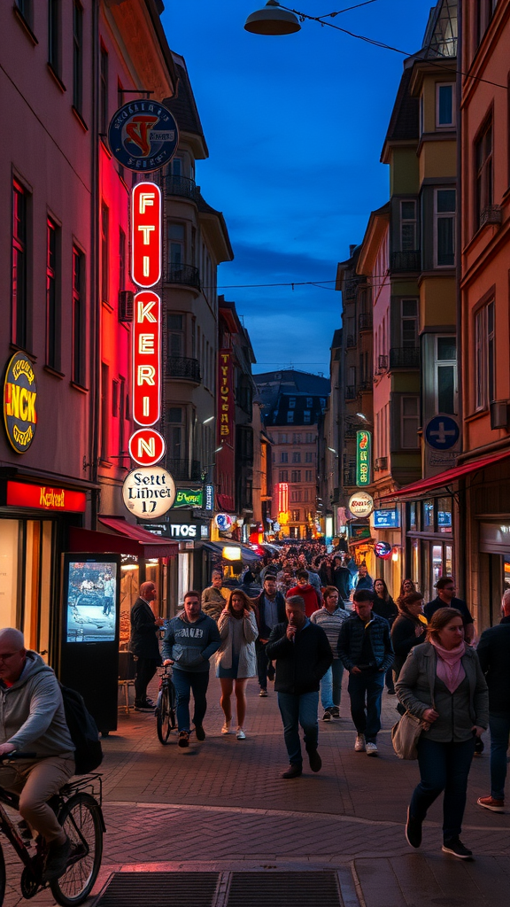 A busy street in Kreuzberg at night with people walking and colorful neon signs.