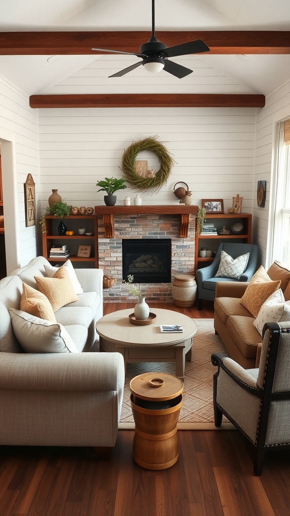 A cozy farmhouse style family room featuring light sofas, wood beams, a fireplace, and rustic decor.