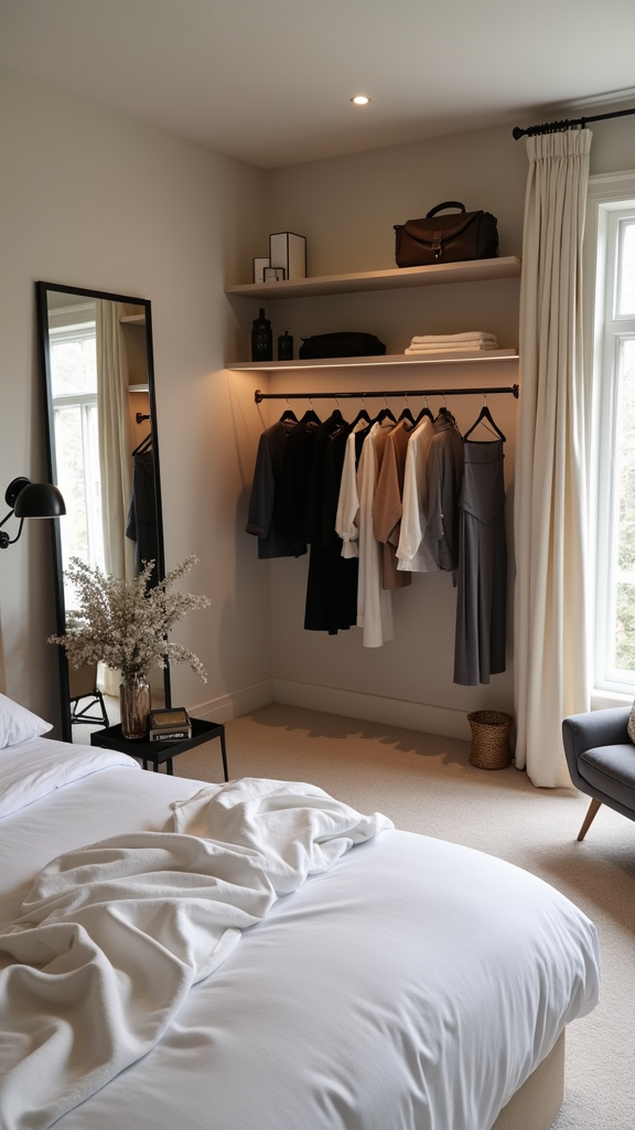 A stylish dressing nook in a cozy teen girl bedroom, featuring a clothing rack, mirror, soft bedding, and chic decor.