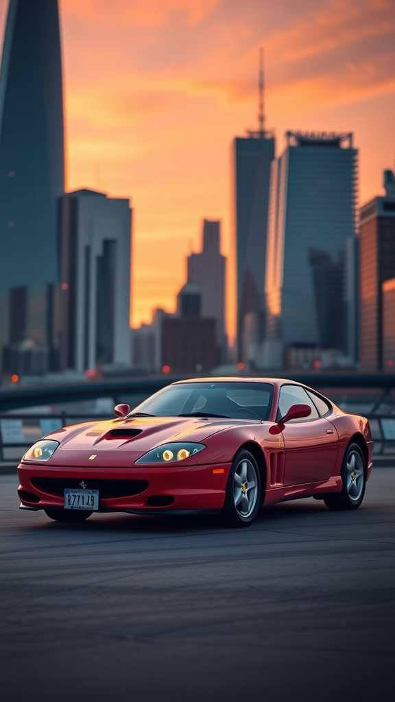 Ferrari 296 GTB parked in front of a city skyline during sunset