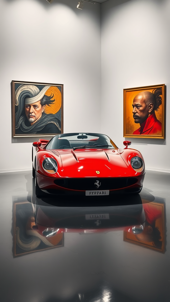 Ferrari Pininfarina Sergio displayed in an art gallery with portraits in the background.