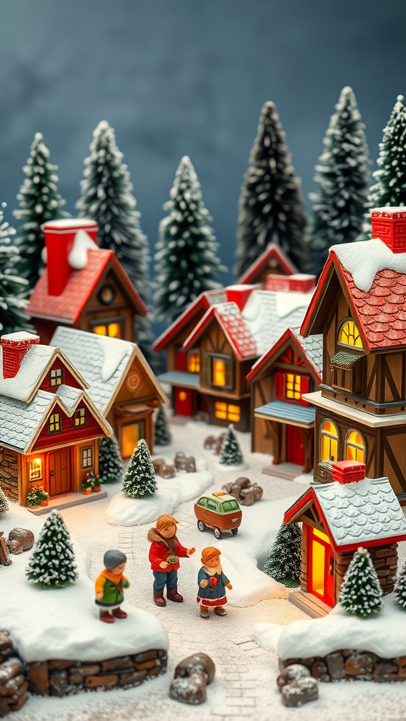 A festive holiday village scene with snow-covered houses and children playing
