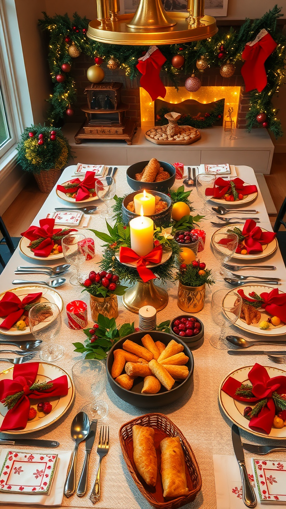 A beautifully set festive table with red bows, greenery, and assorted delicious foods for Christmas.