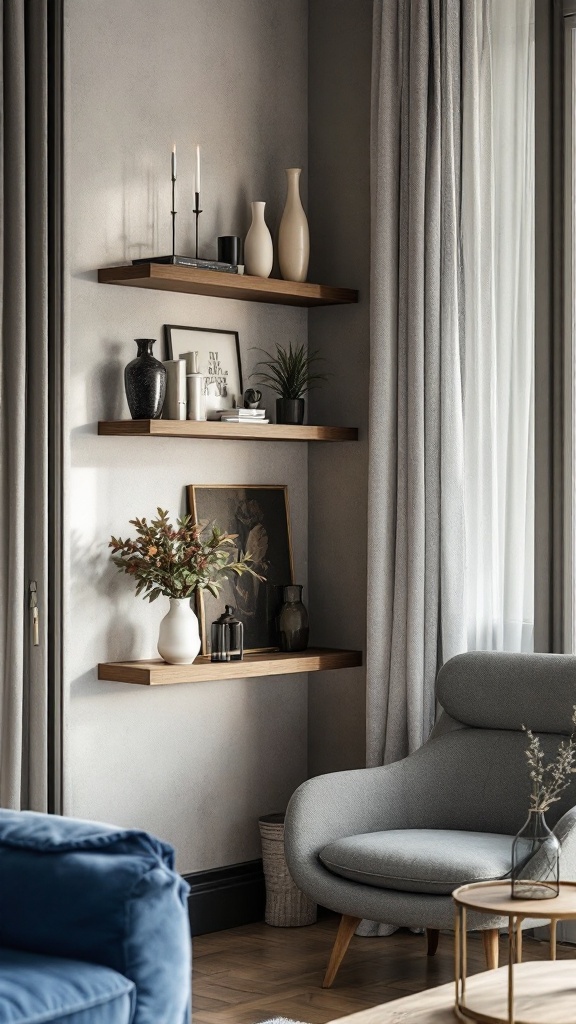 Floating corner shelves with decorative items