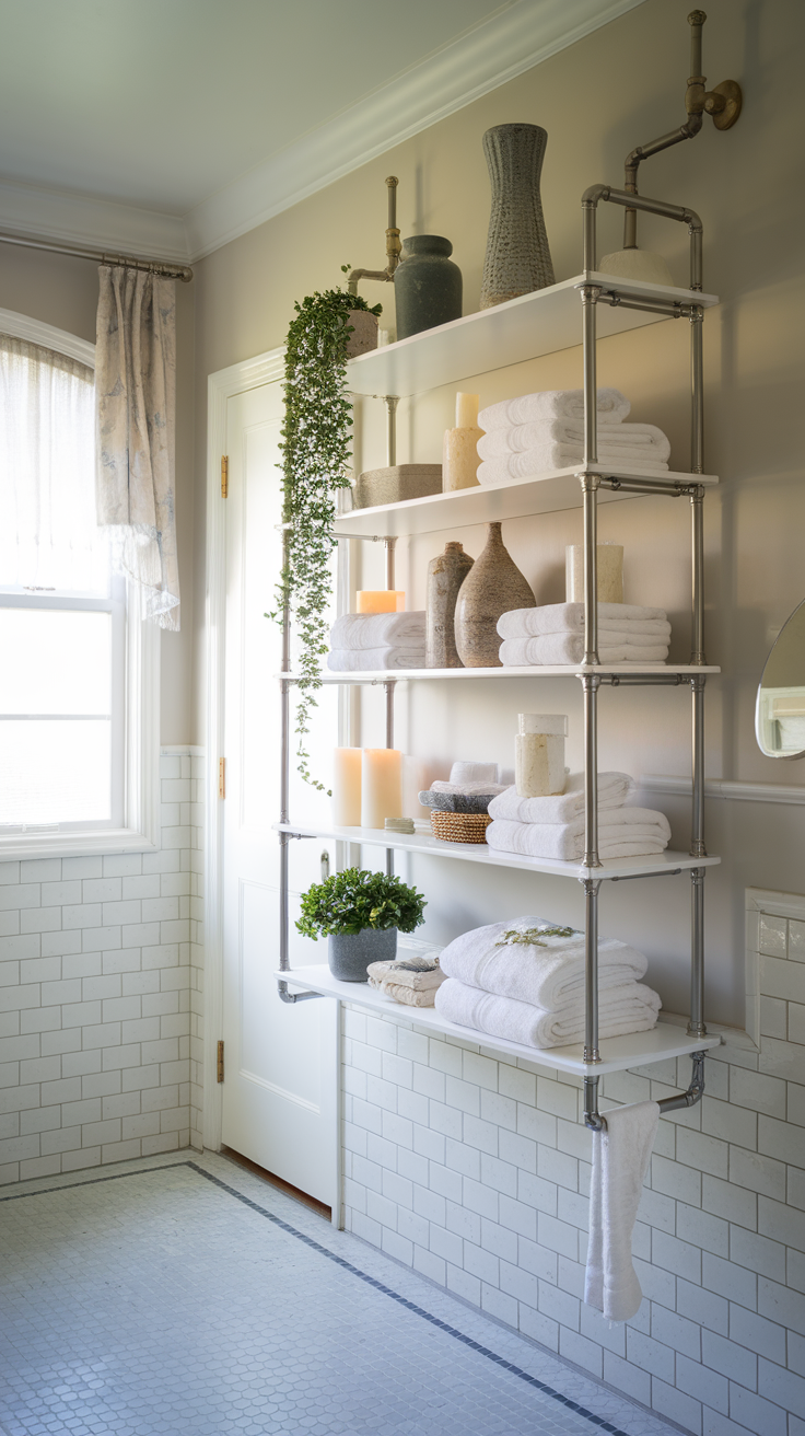 A modern bathroom with floating shelves holding towels and decor.