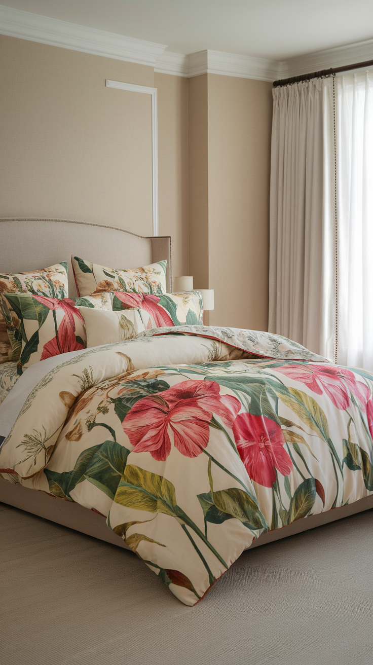 A beautifully arranged bed with floral and botanical prints on the duvet and pillows, creating a vibrant and inviting atmosphere.