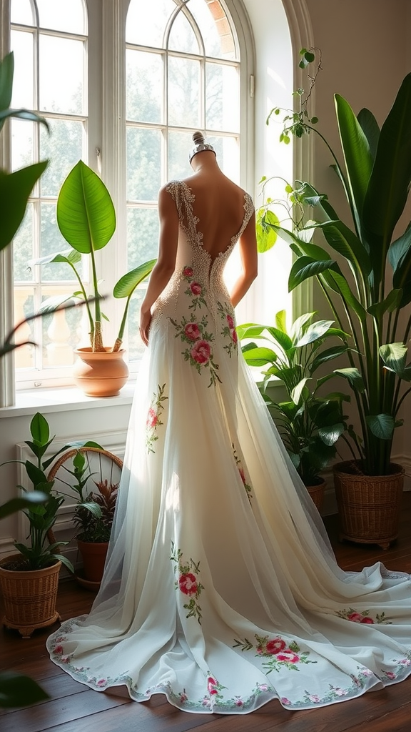 A floral embroidered gown with a delicate train, displayed in a bright room surrounded by plants.