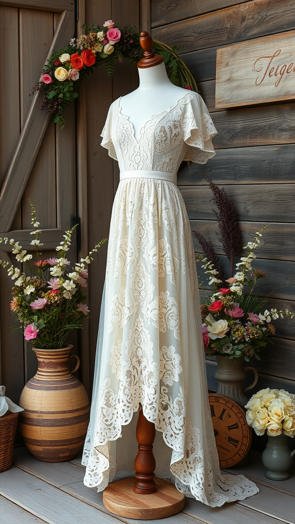 Flowy lace bohemian gown displayed with floral arrangements