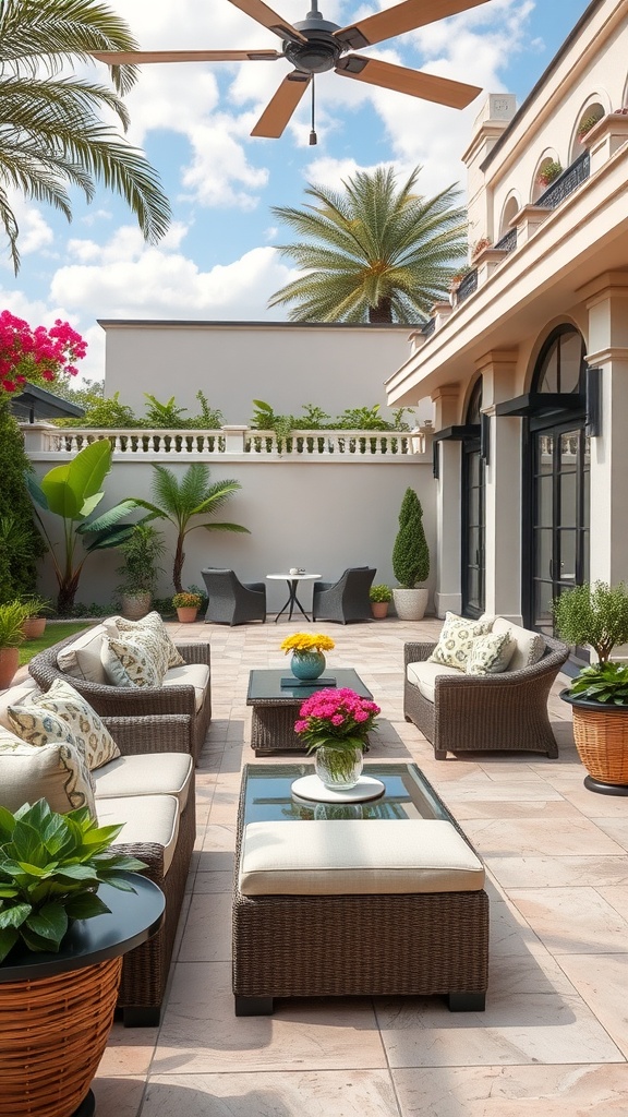 A stylish outdoor patio featuring comfortable seating, vibrant plants, and a cozy atmosphere.