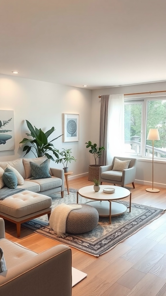 A light and airy organic modern living room with cozy furniture and plants.