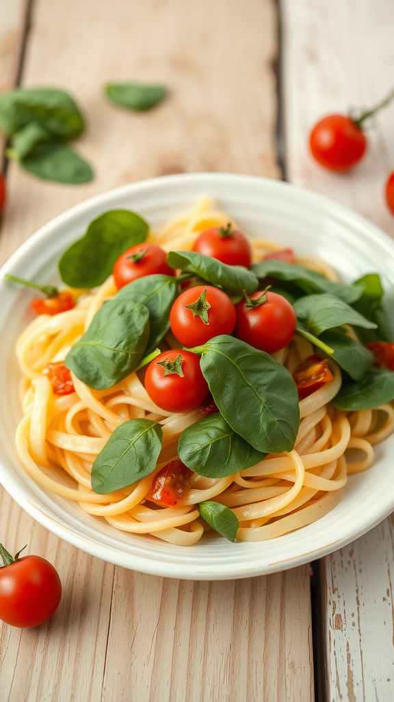 A plate of pasta topped with fresh spinach and cherry tomatoes.