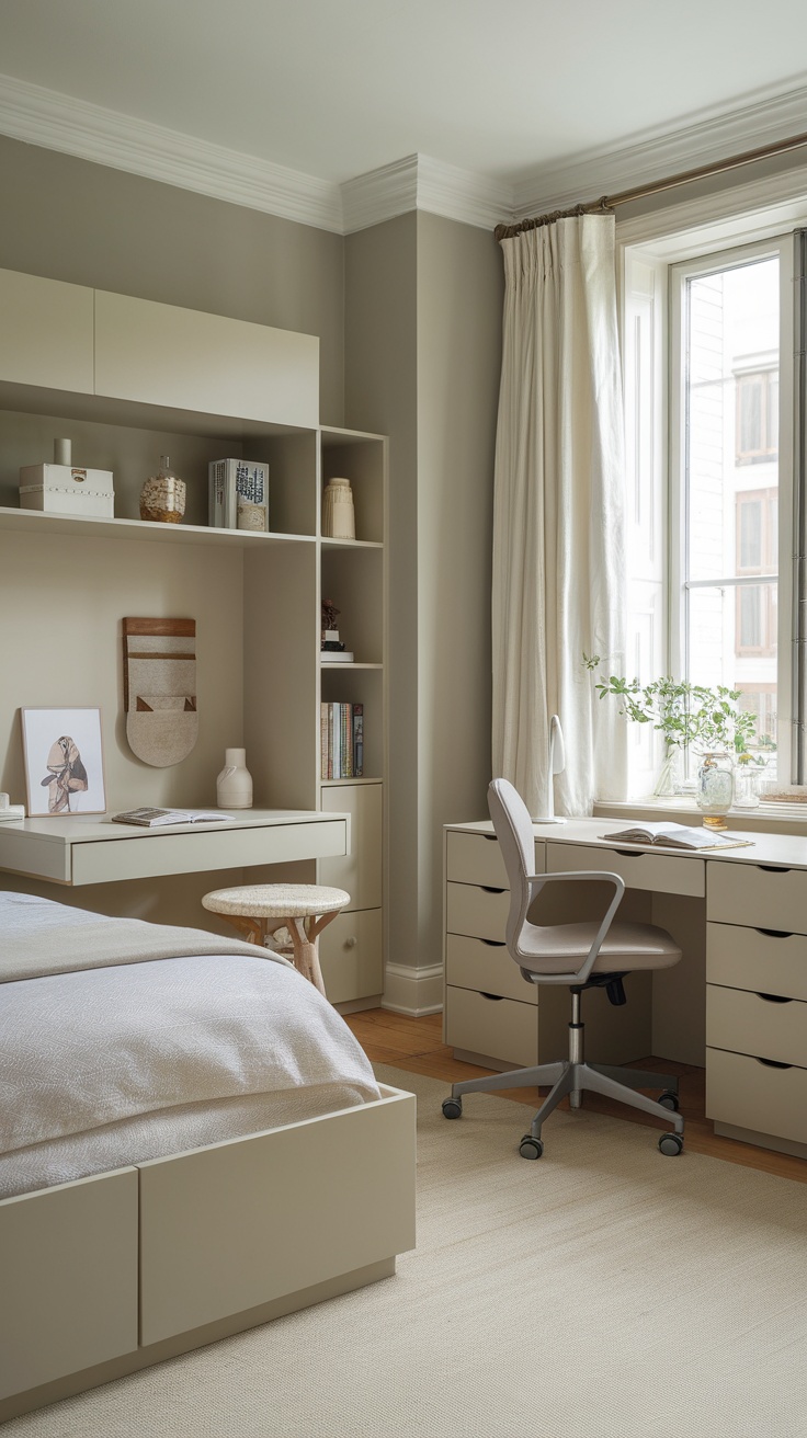 A cozy, stylish bedroom with functional furniture including a bed, desk, and shelves.