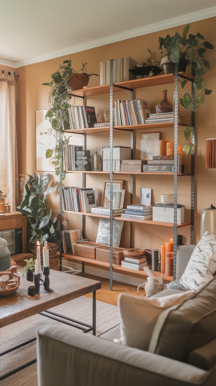 Stylish open shelving in a cozy boho living room, displaying books, plants, and decorative items.