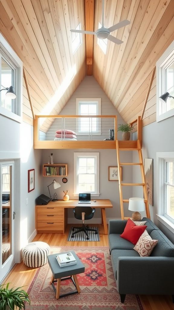 A cozy loft space featuring high wooden ceilings, a sleeping area upstairs, and a comfortable seating area with modern decor.