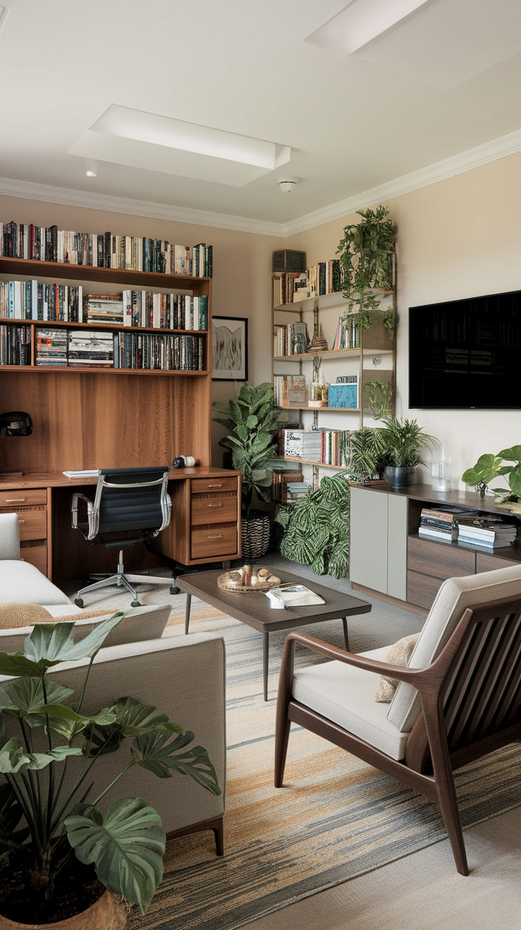 A cozy multi-purpose living room with a desk, bookshelves, plants, and comfortable seating.